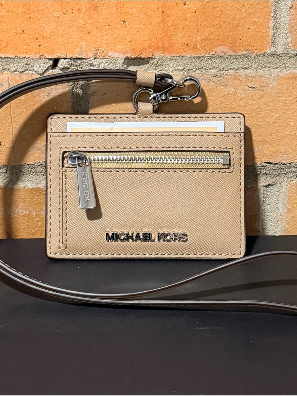 Michael Kors Camel/Tan Saffiano Leather Card Holder with Zip and Lanyard